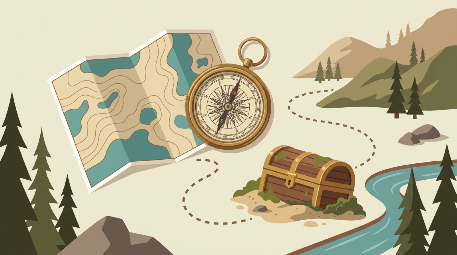 A brass compass, topographic map and half-buried treasure chest